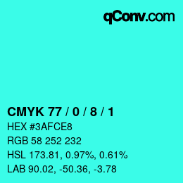 カラーコード: CMYK 77 / 0 / 8 / 1 | qconv.com