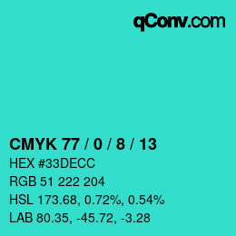 カラーコード: CMYK 77 / 0 / 8 / 13 | qconv.com