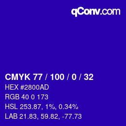 颜色代码: CMYK 77 / 100 / 0 / 32 | qconv.com