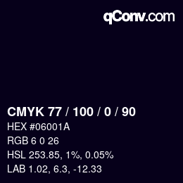 カラーコード: CMYK 77 / 100 / 0 / 90 | qconv.com