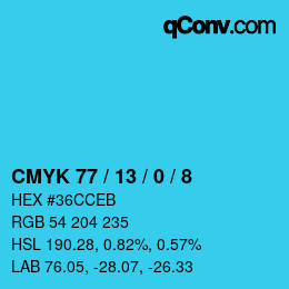 カラーコード: CMYK 77 / 13 / 0 / 8 | qconv.com