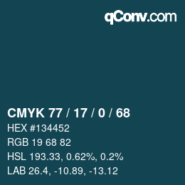 Farbcode: CMYK 77 / 17 / 0 / 68 | qconv.com