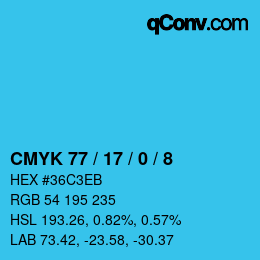 カラーコード: CMYK 77 / 17 / 0 / 8 | qconv.com