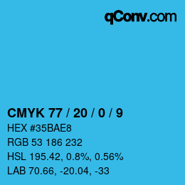 颜色代码: CMYK 77 / 20 / 0 / 9 | qconv.com