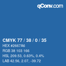 カラーコード: CMYK 77 / 38 / 0 / 35 | qconv.com