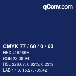 カラーコード: CMYK 77 / 60 / 0 / 63 | qconv.com