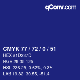 Color code: CMYK 77 / 72 / 0 / 51 | qconv.com