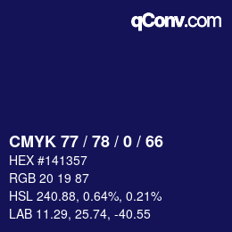 カラーコード: CMYK 77 / 78 / 0 / 66 | qconv.com