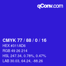 カラーコード: CMYK 77 / 88 / 0 / 16 | qconv.com