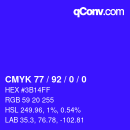 カラーコード: CMYK 77 / 92 / 0 / 0 | qconv.com