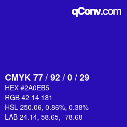 カラーコード: CMYK 77 / 92 / 0 / 29 | qconv.com