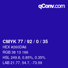 Farbcode: CMYK 77 / 92 / 0 / 35 | qconv.com