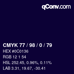 カラーコード: CMYK 77 / 98 / 0 / 79 | qconv.com