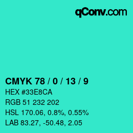 カラーコード: CMYK 78 / 0 / 13 / 9 | qconv.com