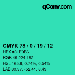 カラーコード: CMYK 78 / 0 / 19 / 12 | qconv.com