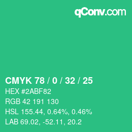 颜色代码: CMYK 78 / 0 / 32 / 25 | qconv.com