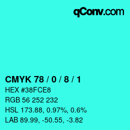 カラーコード: CMYK 78 / 0 / 8 / 1 | qconv.com