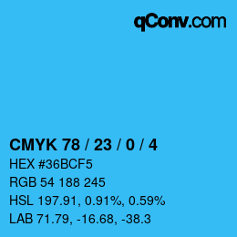 カラーコード: CMYK 78 / 23 / 0 / 4 | qconv.com
