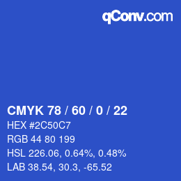 カラーコード: CMYK 78 / 60 / 0 / 22 | qconv.com