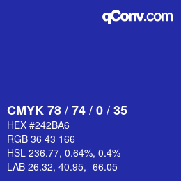 Farbcode: CMYK 78 / 74 / 0 / 35 | qconv.com