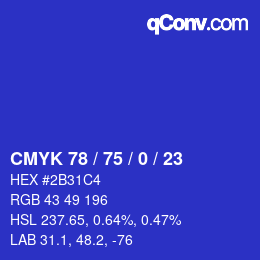 カラーコード: CMYK 78 / 75 / 0 / 23 | qconv.com