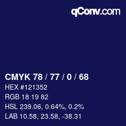Farbcode: CMYK 78 / 77 / 0 / 68 | qconv.com