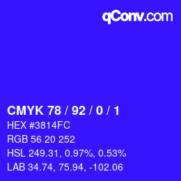 カラーコード: CMYK 78 / 92 / 0 / 1 | qconv.com