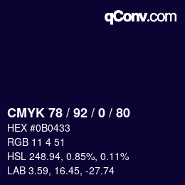 カラーコード: CMYK 78 / 92 / 0 / 80 | qconv.com
