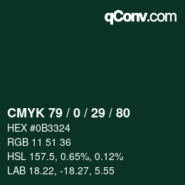 Code couleur: CMYK 79 / 0 / 29 / 80 | qconv.com