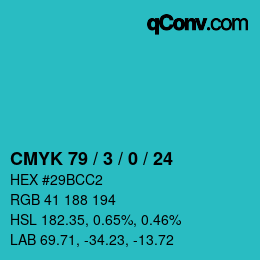 カラーコード: CMYK 79 / 3 / 0 / 24 | qconv.com