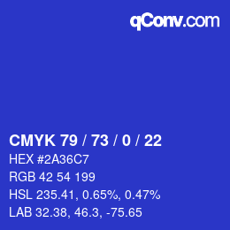 カラーコード: CMYK 79 / 73 / 0 / 22 | qconv.com