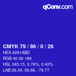 颜色代码: CMYK 79 / 86 / 0 / 26 | qconv.com