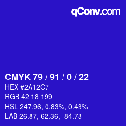カラーコード: CMYK 79 / 91 / 0 / 22 | qconv.com