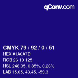颜色代码: CMYK 79 / 92 / 0 / 51 | qconv.com