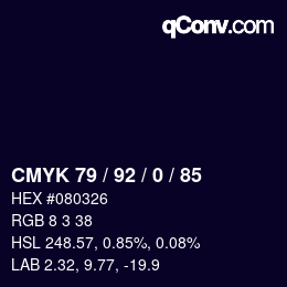 カラーコード: CMYK 79 / 92 / 0 / 85 | qconv.com