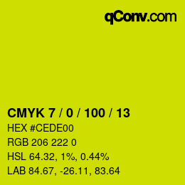 カラーコード: CMYK 7 / 0 / 100 / 13 | qconv.com