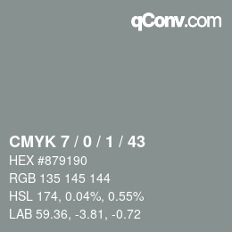 Farbcode: CMYK 7 / 0 / 1 / 43 | qconv.com