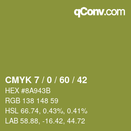 カラーコード: CMYK 7 / 0 / 60 / 42 | qconv.com