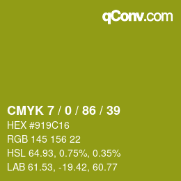 Farbcode: CMYK 7 / 0 / 86 / 39 | qconv.com