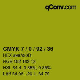 カラーコード: CMYK 7 / 0 / 92 / 36 | qconv.com