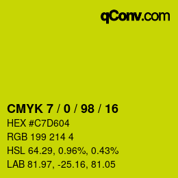 カラーコード: CMYK 7 / 0 / 98 / 16 | qconv.com