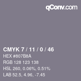 カラーコード: CMYK 7 / 11 / 0 / 46 | qconv.com