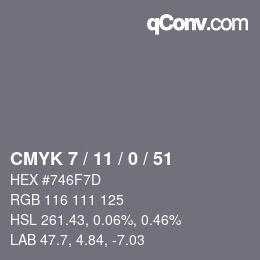 Farbcode: CMYK 7 / 11 / 0 / 51 | qconv.com