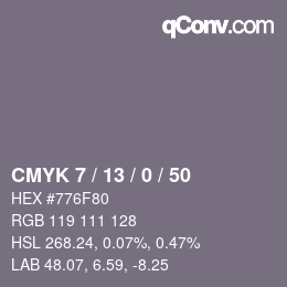 カラーコード: CMYK 7 / 13 / 0 / 50 | qconv.com