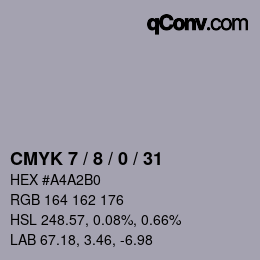 カラーコード: CMYK 7 / 8 / 0 / 31 | qconv.com