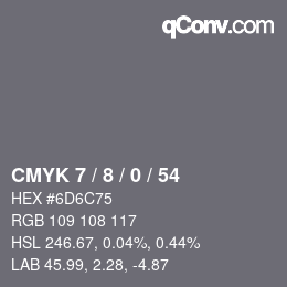 Farbcode: CMYK 7 / 8 / 0 / 54 | qconv.com