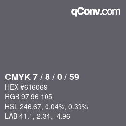 カラーコード: CMYK 7 / 8 / 0 / 59 | qconv.com