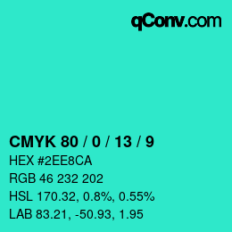 カラーコード: CMYK 80 / 0 / 13 / 9 | qconv.com