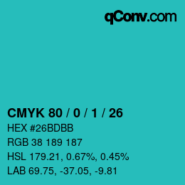 颜色代码: CMYK 80 / 0 / 1 / 26 | qconv.com