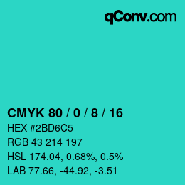 颜色代码: CMYK 80 / 0 / 8 / 16 | qconv.com